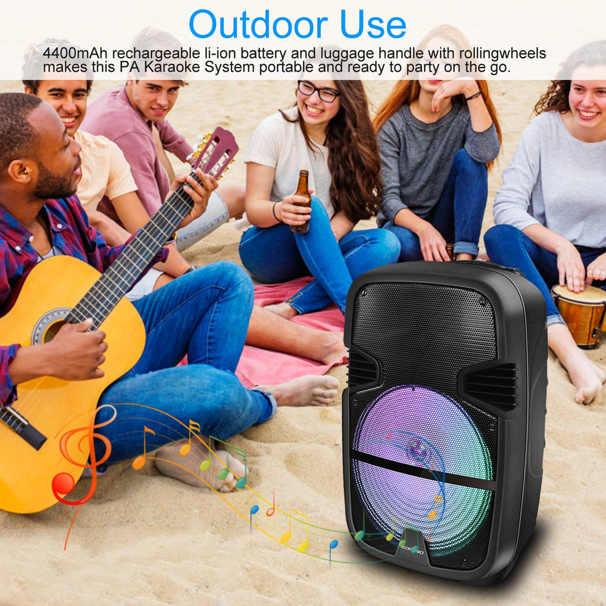 KOCASO Wireless Speaker Portable PA Karaoke System with 15" Subwoofer FM Radio Wired Microphone w/ DJ Lights Remote Control