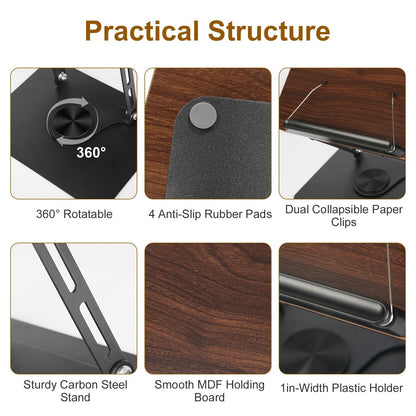 Book Stand for Reading Foldable Wood Book Holder Reading Rack Paper Stand with Adjustable Height 360¡ Rotatable Base Dual Paper Clips for Book Sheet M