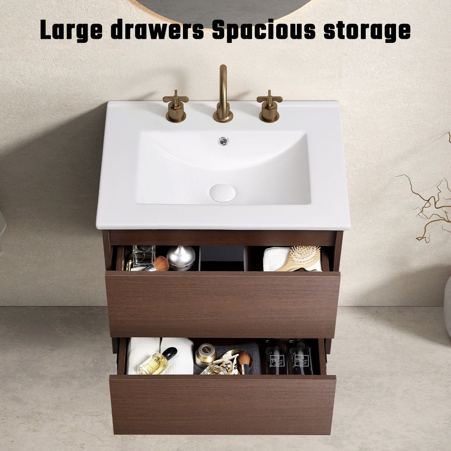 Bathroom Vanity With Basin Wall Hang Storage - Brown / Brown / White
