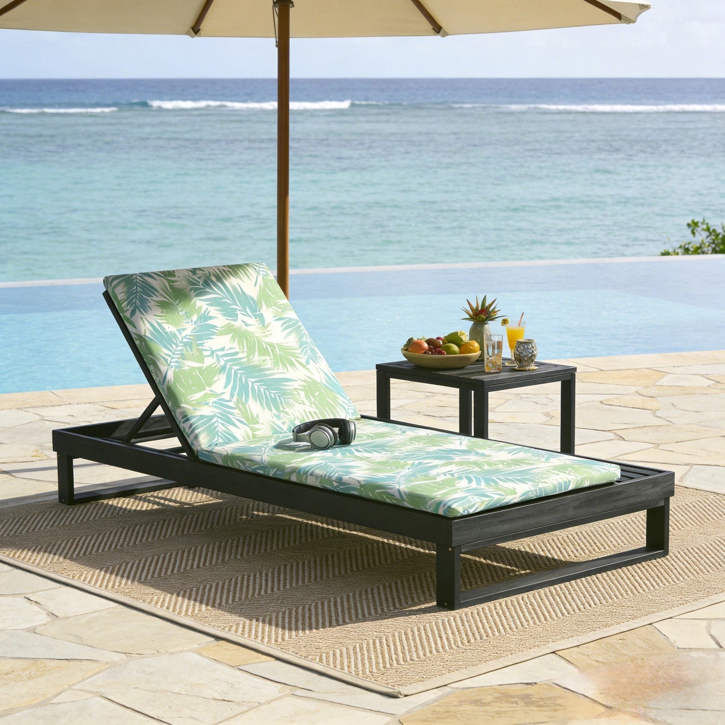 Black Acacia Wood Chaise Lounge with Leaf Coconut Cushion
