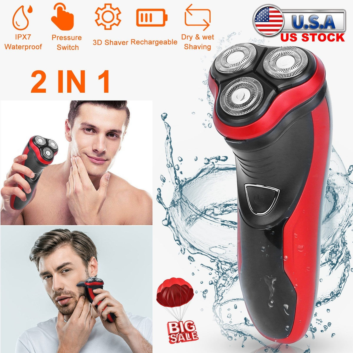 Electric Shaver Razor for Men IPX7 Waterproof Beard Trimmer 3D Rechargeable Painless Rotary Shaver with Pop up Trimmer 2 in 1 Electric Shaver
