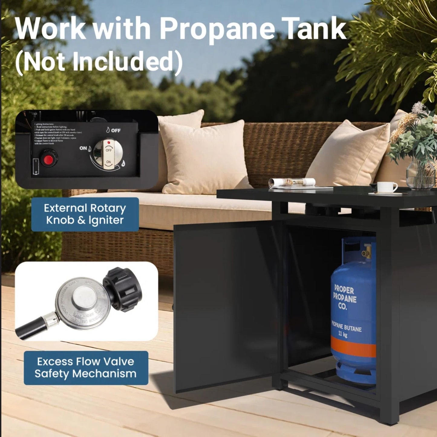 Square 2 In 1 Outdoor Propane Fire Pit Table With Stainless Burner, Lava Rocks, Lid & Waterproof Cover - Black