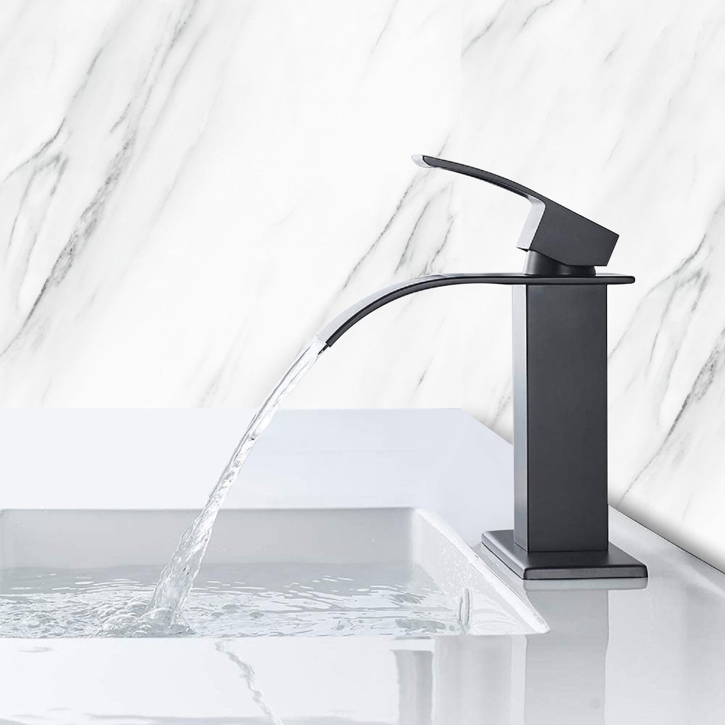 Waterfall Spout Bathroom Sink Single Handle Faucet with Pop-Up Drain
