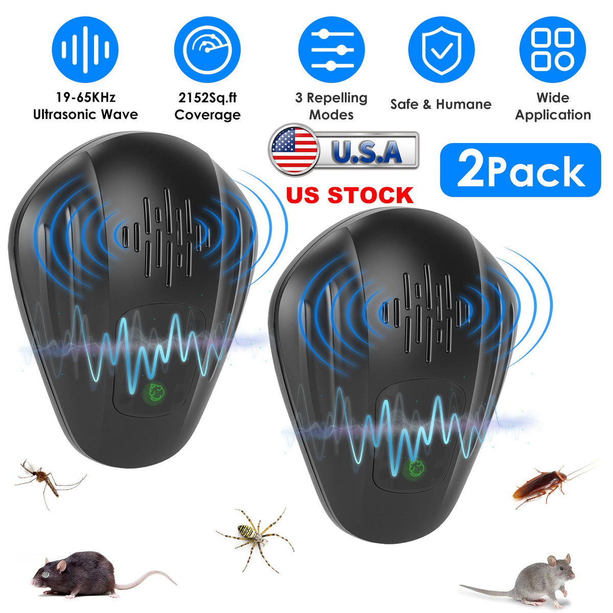 Ultrasonic Pest Repeller 2-Pack for Mosquitoes, Roaches & Rats