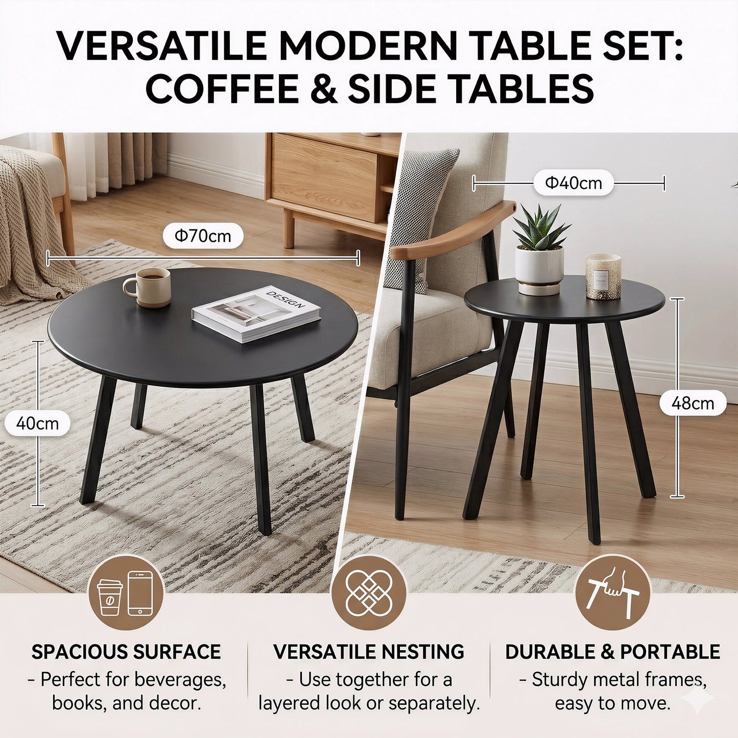 2-Piece Round Nesting Coffee Table Set, Modern