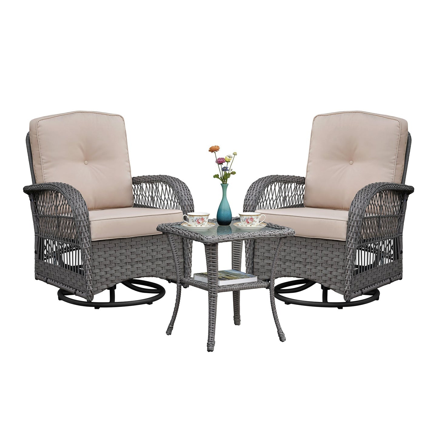 3 Pieces Conversation Set, Outdoor Wicker Rocker Swivel Patio Bistro Set, Rocking Chair with Glass Top Side Table, Grey
