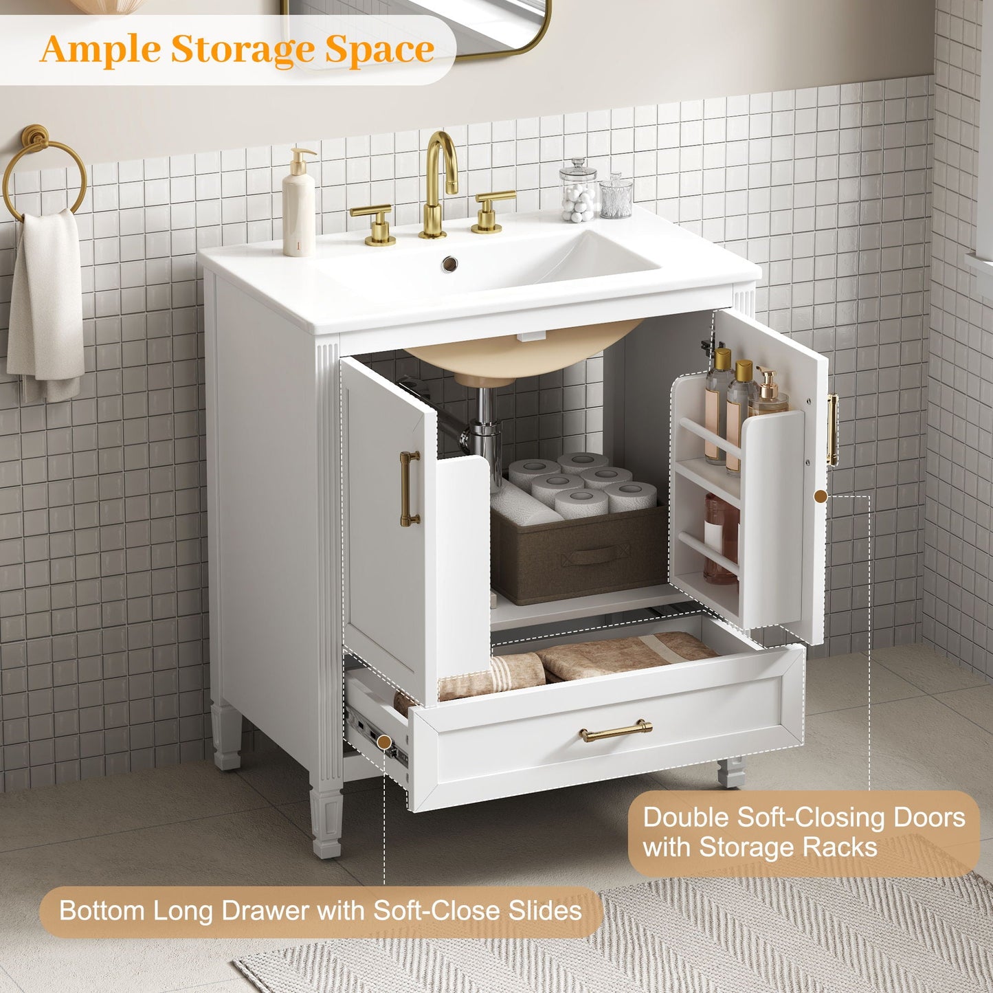 Elegant Fluted Bathroom Vanity With Sink, Soft Close Doors & Drawer