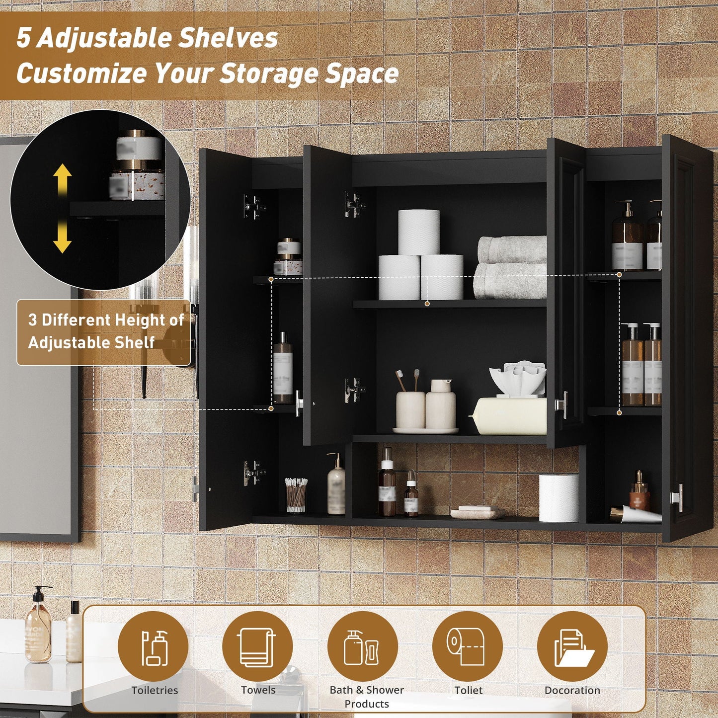 Wall Mounted Bathroom Cabinet With 5 Adjustable Shelves