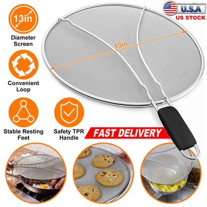Grease Splatter ScreenÊ13in Stainless Steel Fine Mesh Splash Mesh Shield Hot Oil Stopper w/ Resting Feet For Frying Pan Cooking Woks Skillets Pots Pan