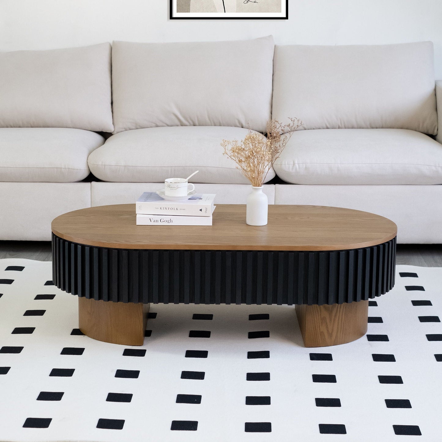 Elliptical Living Room Coffee Table With Hidden Storage And Removable Tabletop