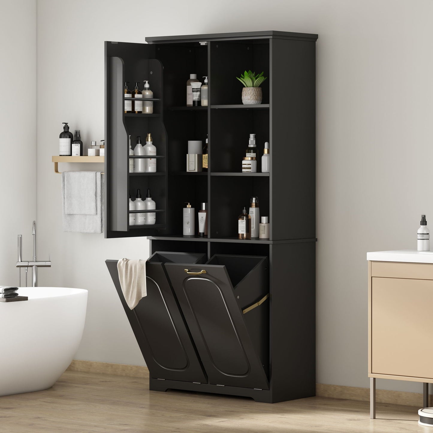 Freestanding Tall Storage Cabinet With 2 Tilt-Out Hampers