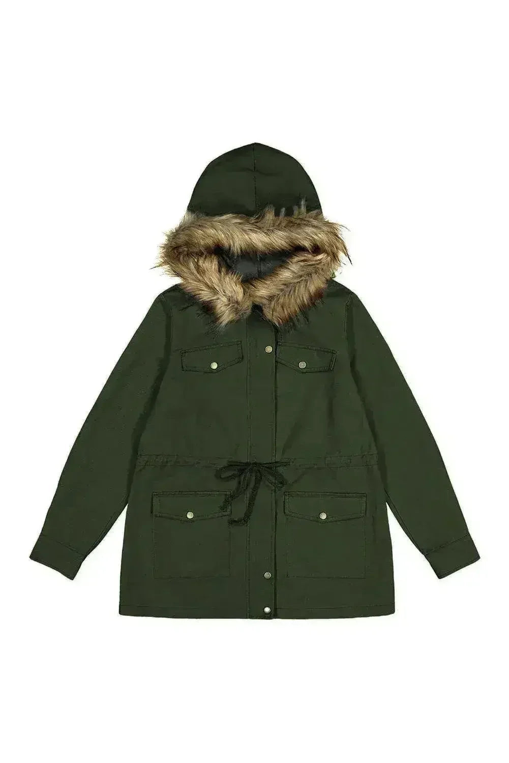 Zipper Snaps Pocket Plush Hooded Parka Jacket