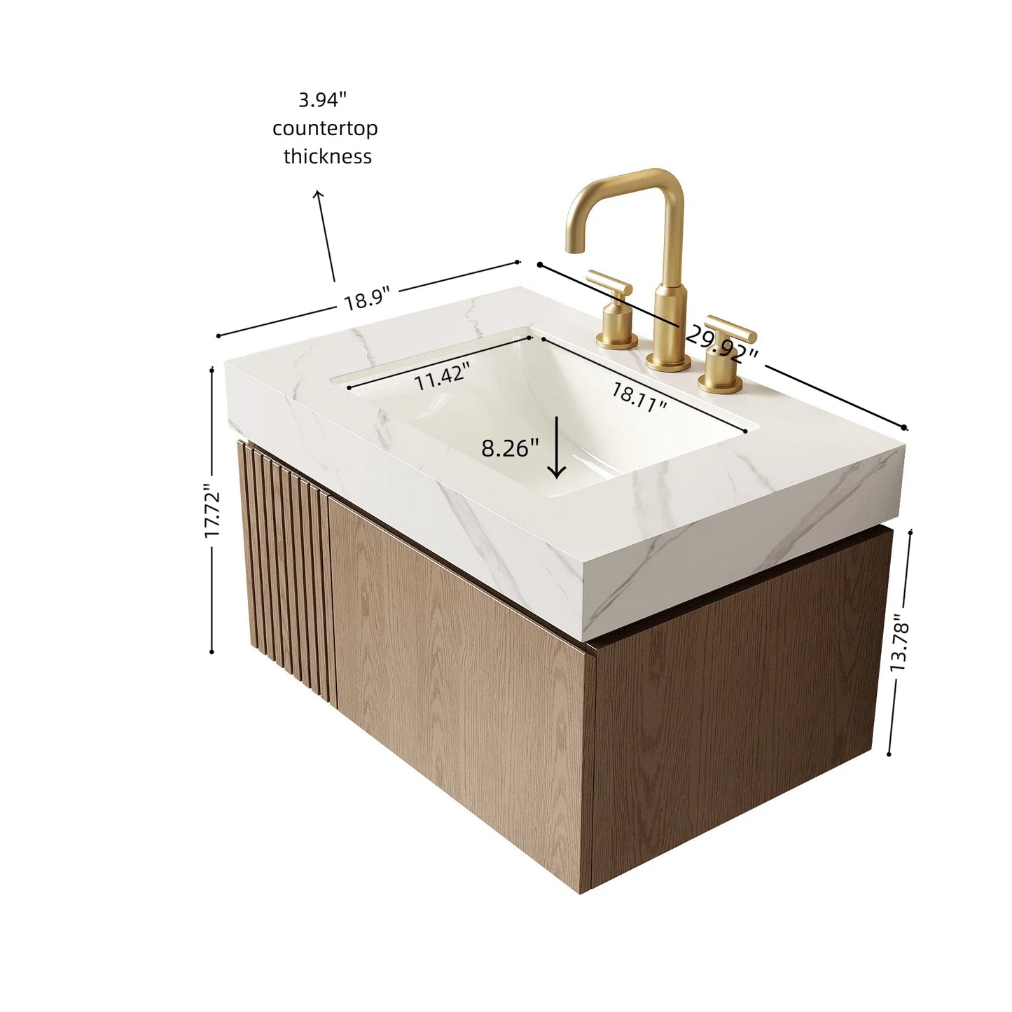 MURI 30" Bathroom Vanity & Sink, Floating Plywood Storage Cabinet with Drawer & Door, Carrara