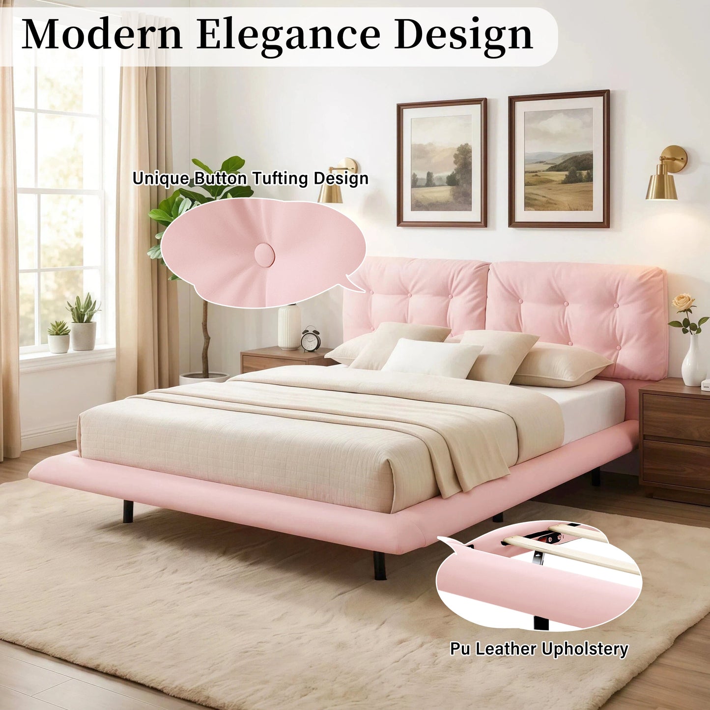 Queen Size Upholstered Floating Bed Frame with LED Lights