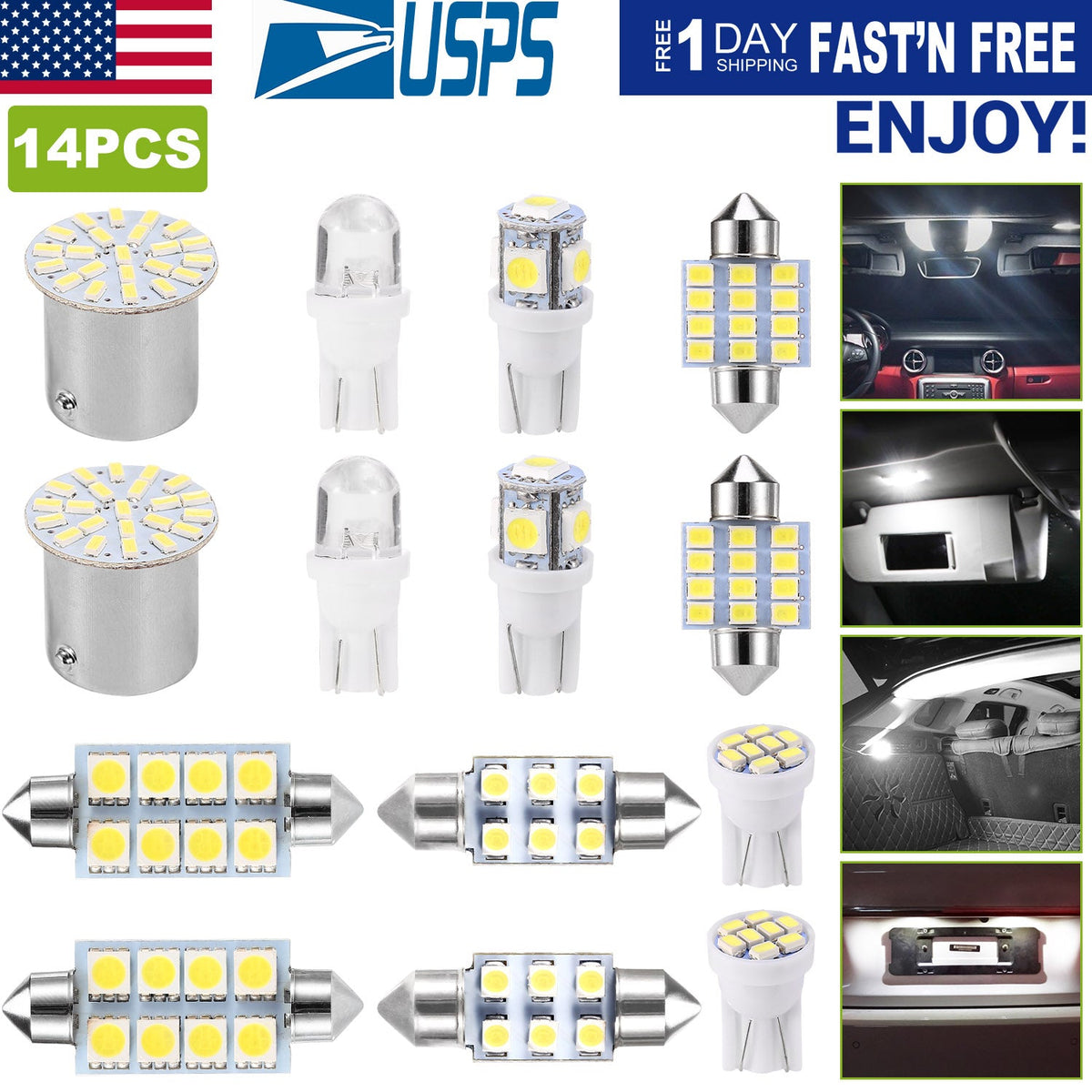 14Pcs T10/31mm/36mm/41mm/1156 Festoon LED Light Bulb Interior Dome Map LED Lights License Plate Trunk Side Positioning Lights 6000K White