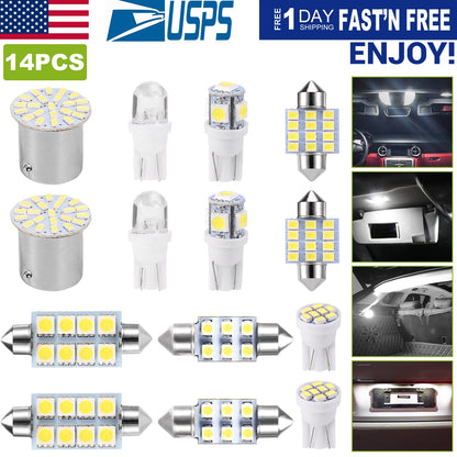 14Pcs T10/31mm/36mm/41mm/1156 Festoon LED Light Bulb Interior Dome Map LED Lights License Plate Trunk Side Positioning Lights 6000K White