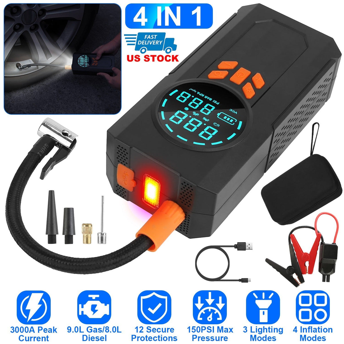 3000A 150PSI 12V Portable Jump Starter with Air Compressor 9.0L Gas/8.0L Diesel Jumper Box with 3 Light Modes Power Bank LCD Display