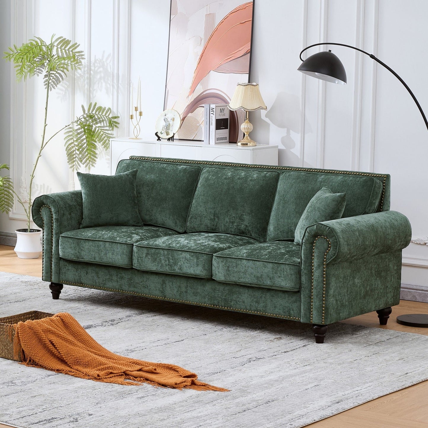 3 Seater Sofa With Tufted Upholstery, Rolled Arms, Nailhead Trim