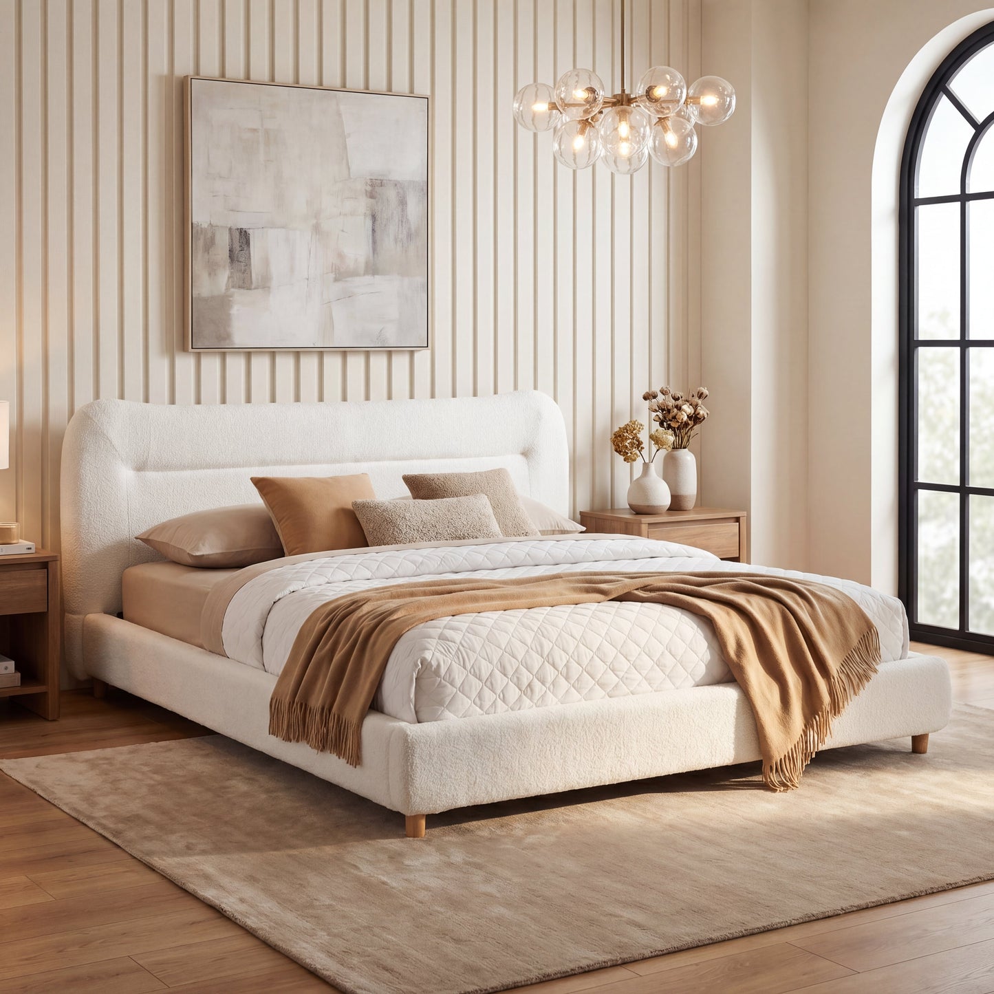 Minimalist Curved Headboard Teddy Bear Plush Bed - King