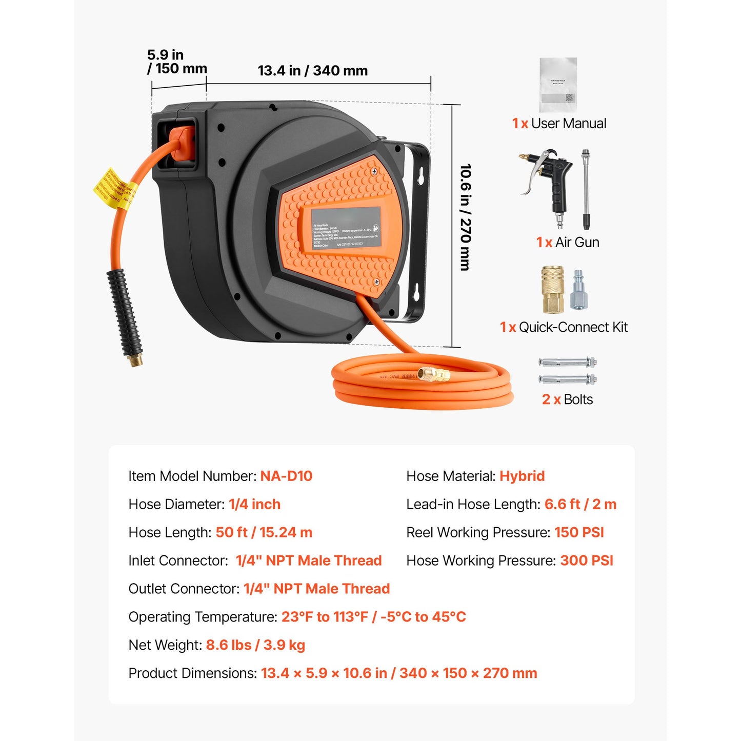 Retractable Air Hose Reel, 1/4 Inch x 50 FT Hybrid Air Hose Max 300PSI