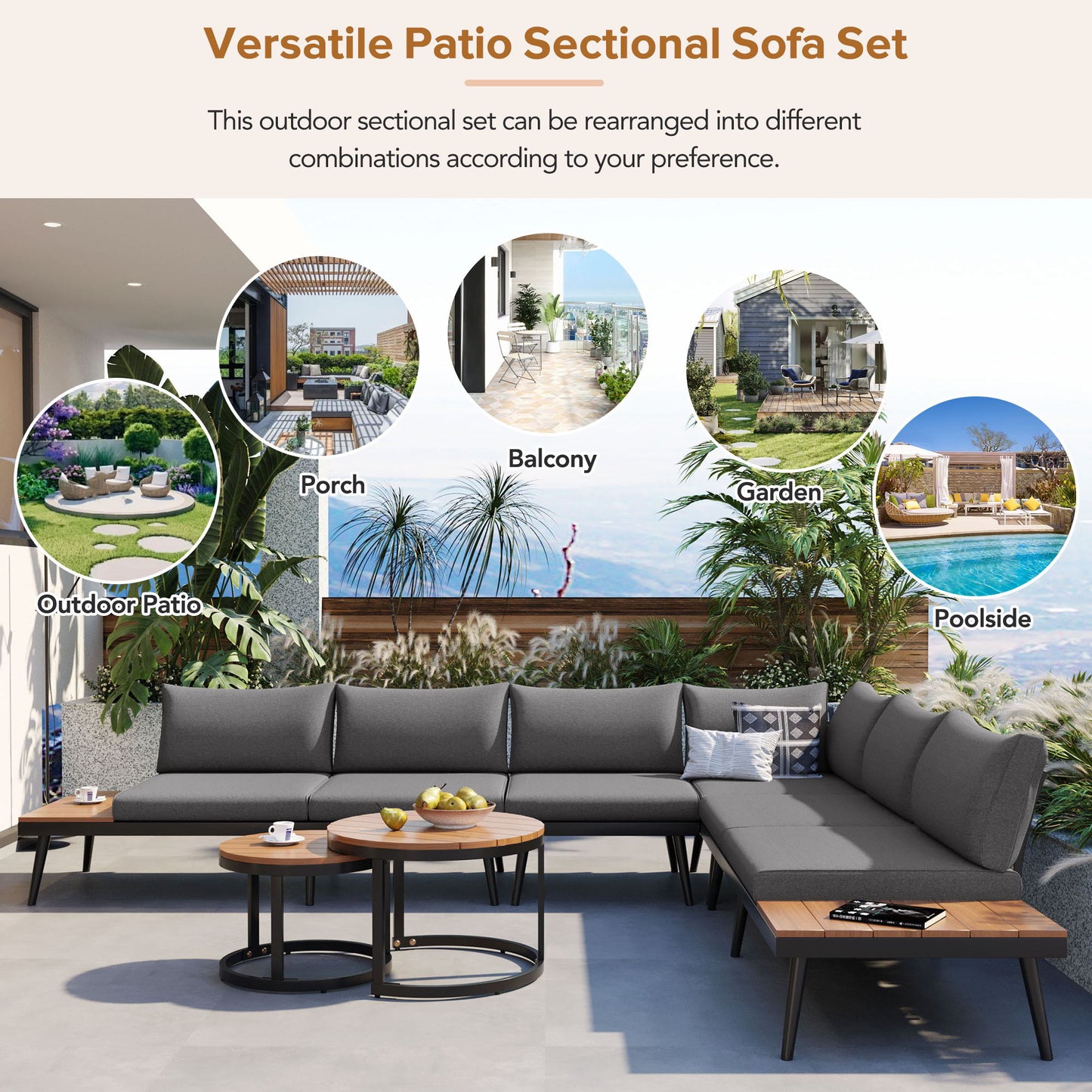 Modern Outdoor Sectional Sofa Set With Nesting Coffee Tables