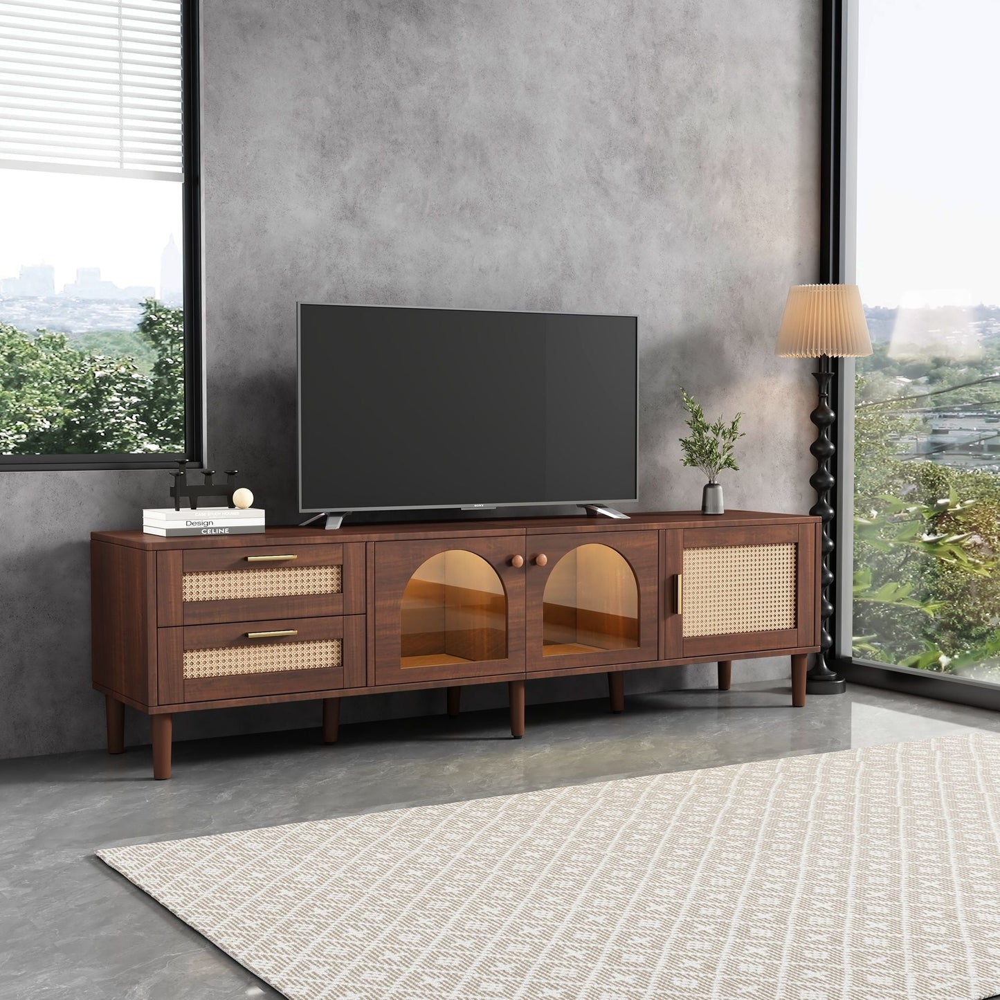 TV Stand With 3 Cabinets & 2 Drawers, LED Light Media Console For TVs Up To 80" - Dark Brown