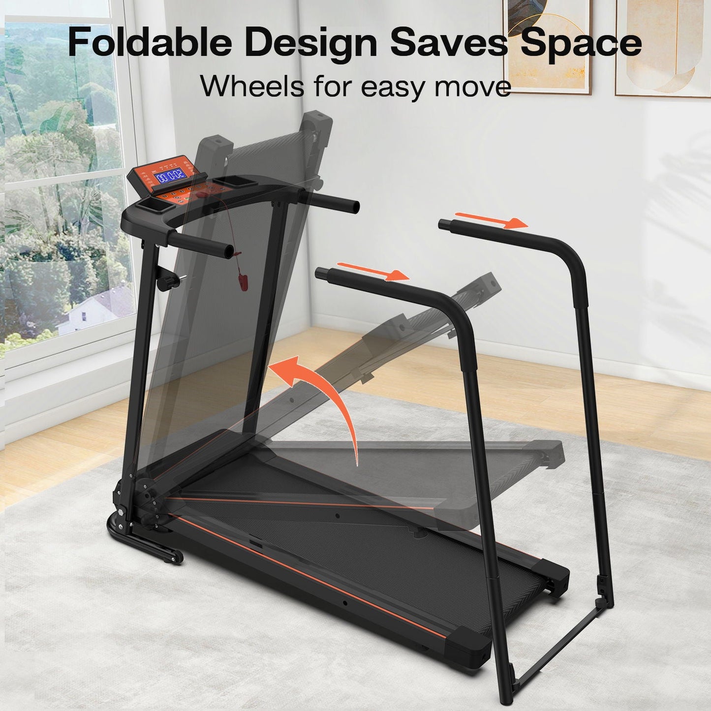Home Fitness Treadmill With Extended Handrails, Portable Foldable Design - Black / Orange