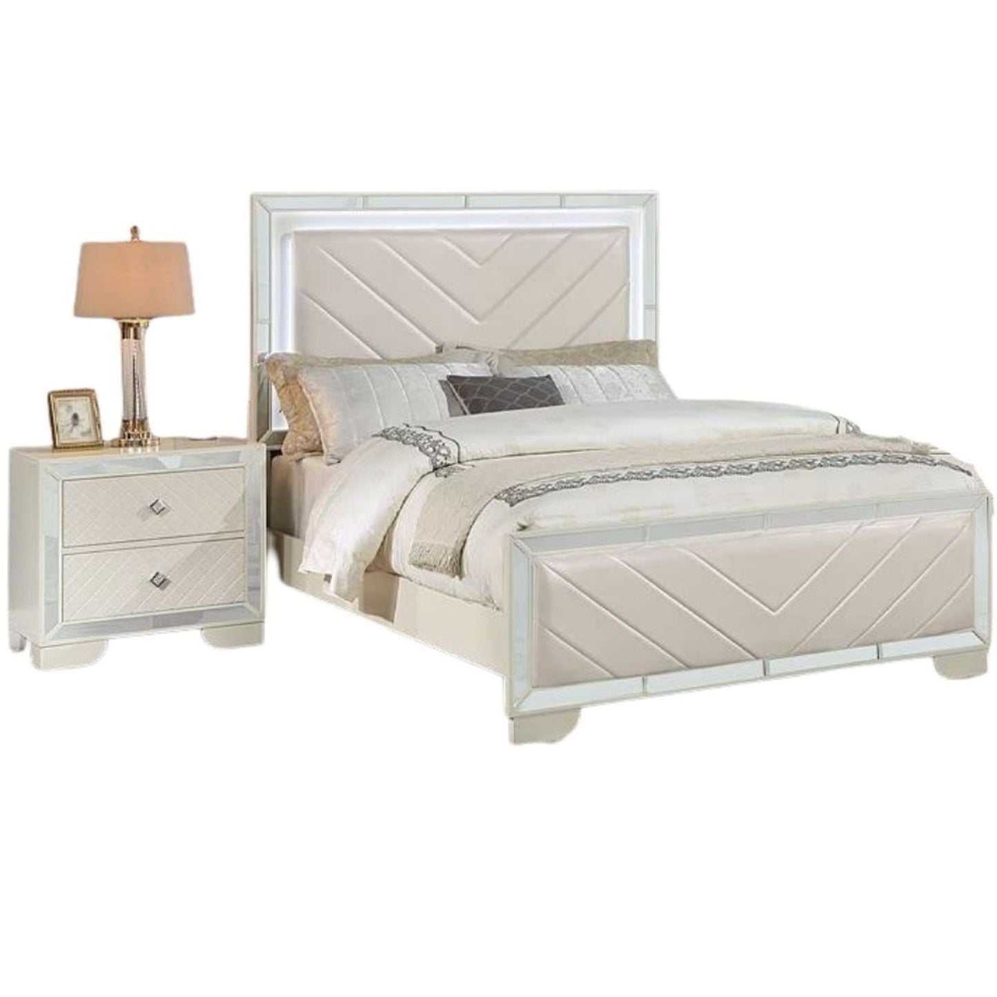 3 Piece Bedroom Contemporary Set, Bed With LED Lights And 2 Nightstands