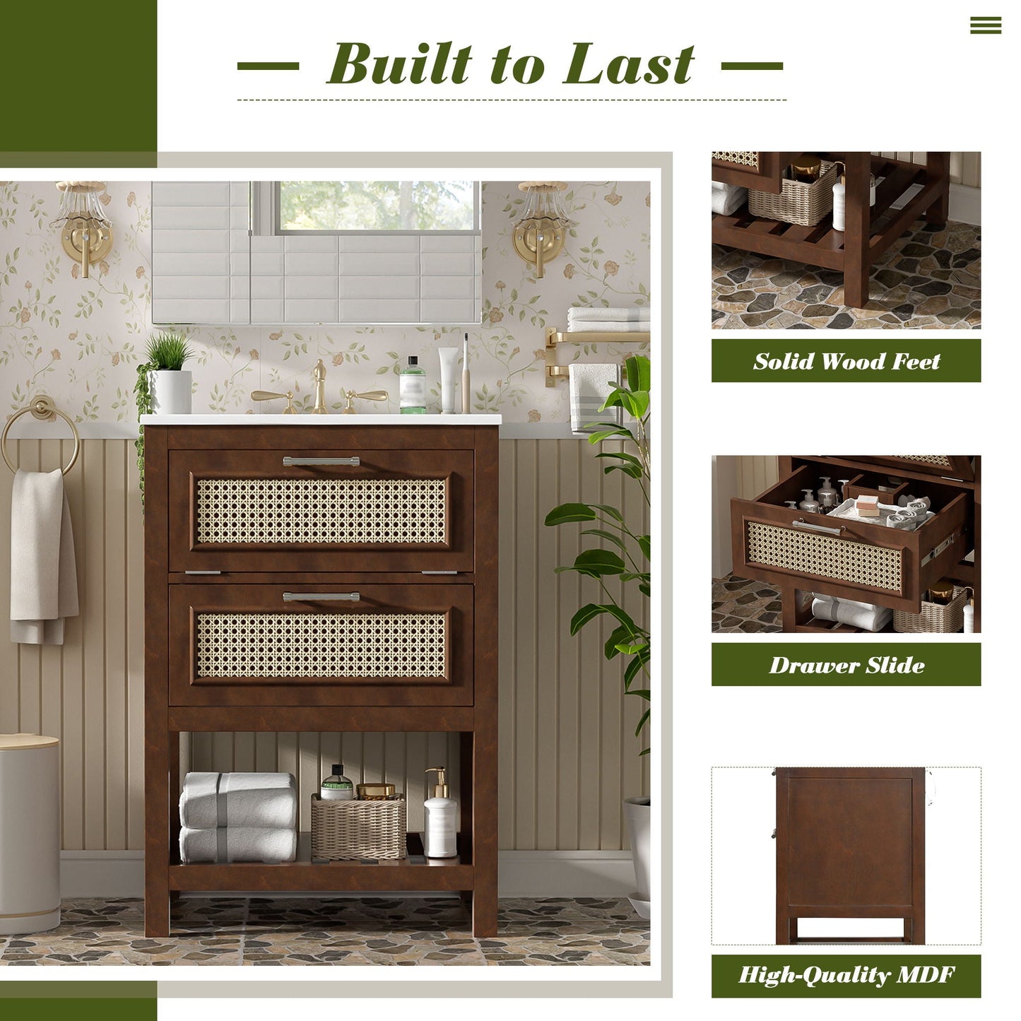 Modern Bathroom Vanity With Integrated Sink, Cabinet With 1 Deep Drawer And 1 Tip-Out Drawer