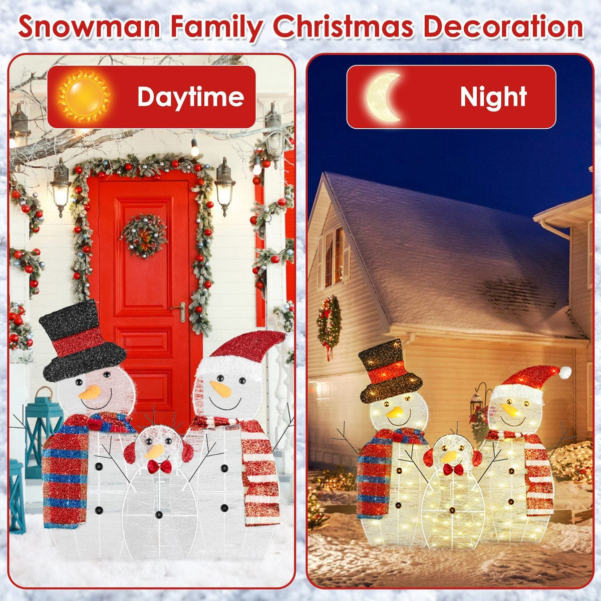 3Pcs 2D Christmas Snowman Yard Decoration Snowman Family Outdoor Decoration With 90Pcs LED Warm Yellow Lights 8 Lighting Modes IP44 Waterproof For Chr