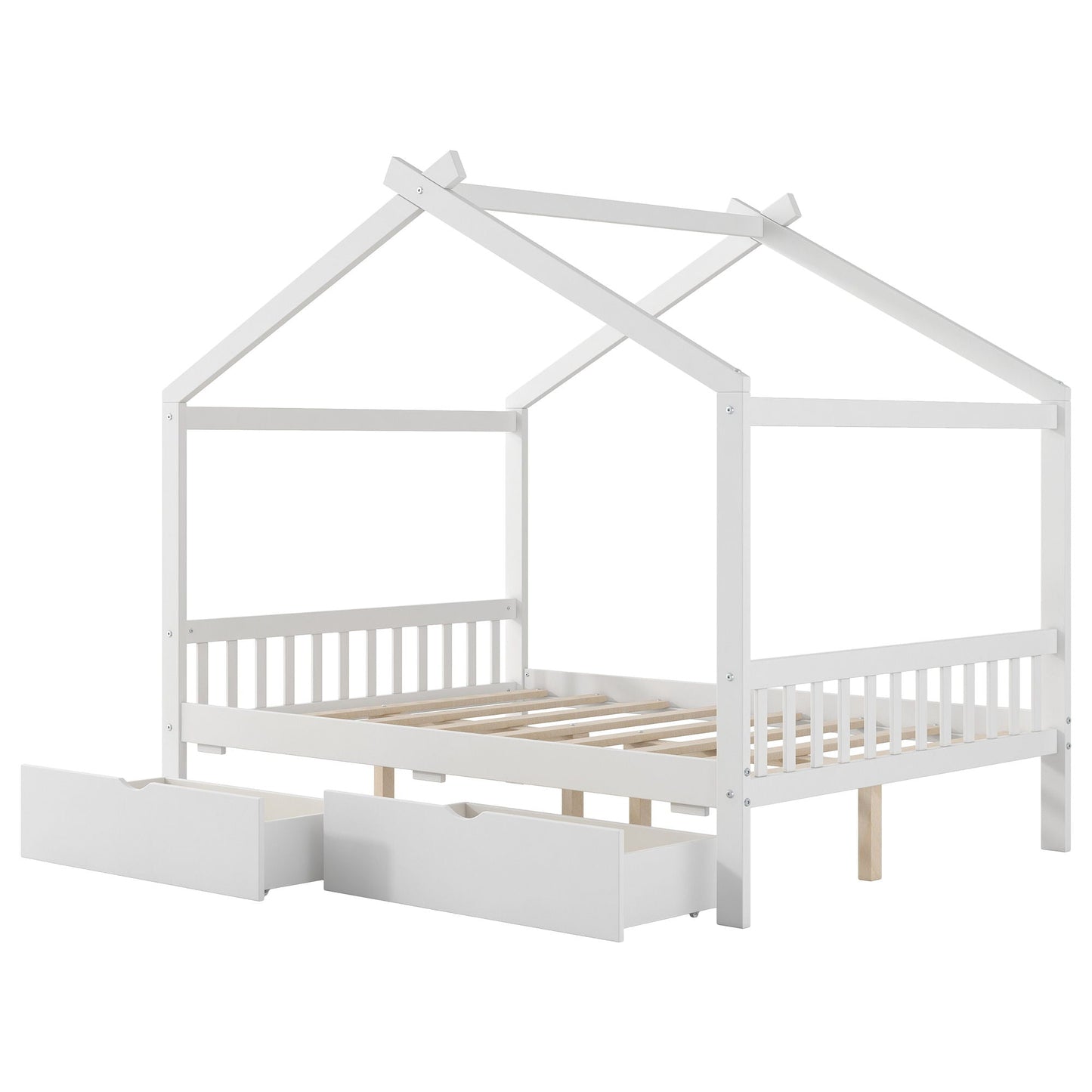House Style Platform Bed With Headboard, Footboard, 2 Drawers, And Roof Design