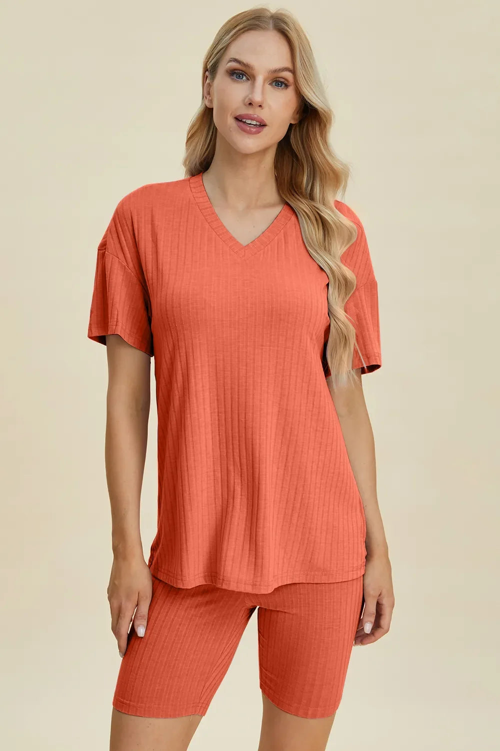 Plus Size Ribbed V-Neck Top & Shorts Set