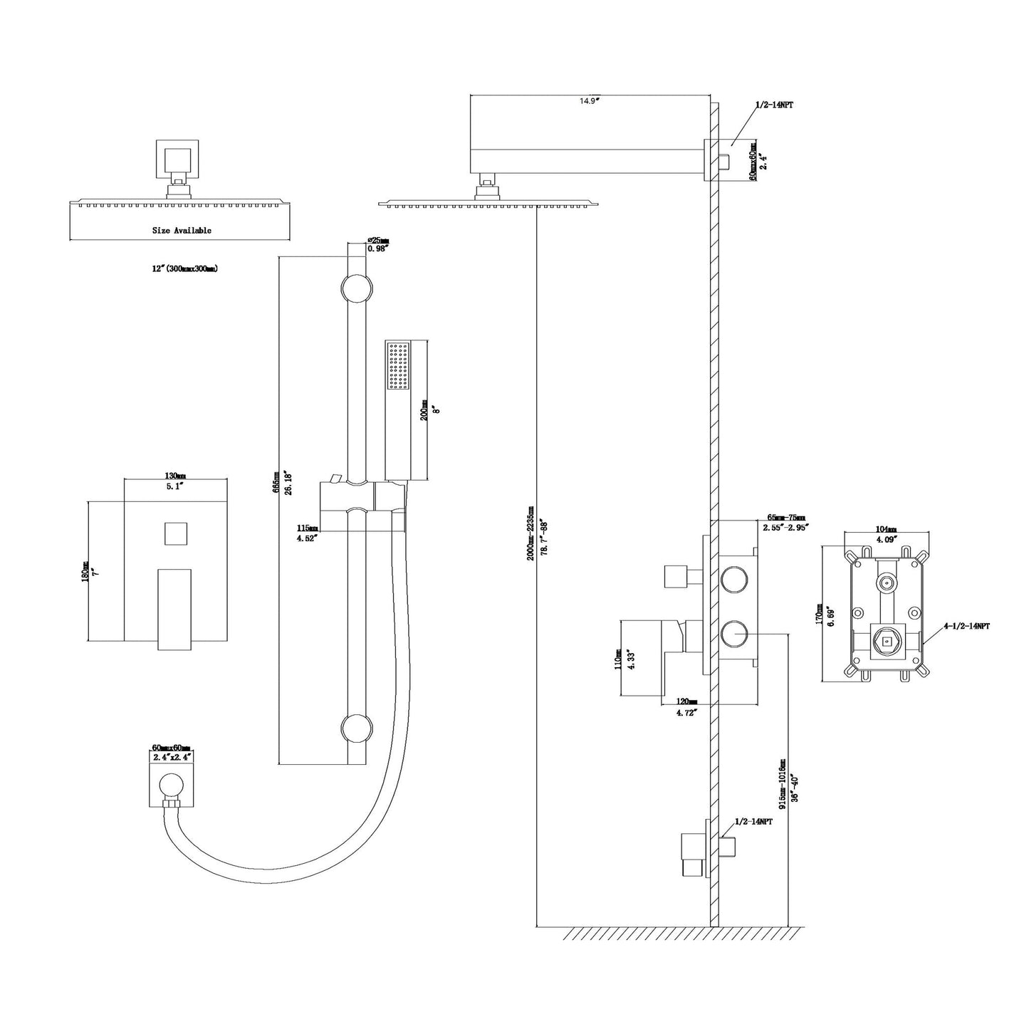 Wall Mounted Shower System With Adjustable Slide Bar And Rough In Valve - Matte Black