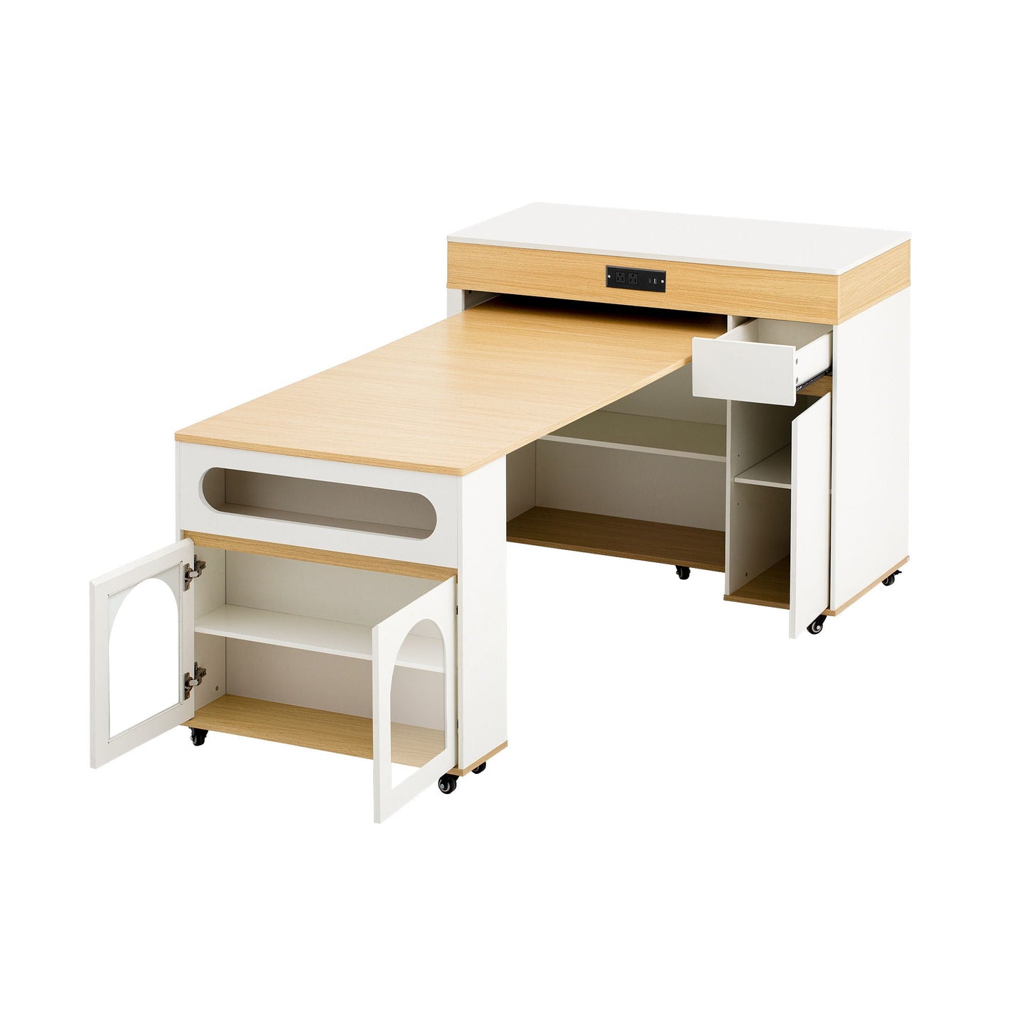 Extendable Dining Table With Folding Top, Rolling Kitchen Island With Drawers And Power Outlet