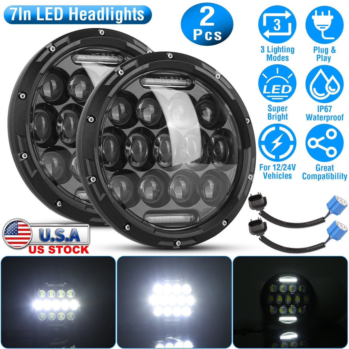 2Pcs 7In 75W Round LED Headlight 3800LM Halo Car Headlamp with DRL High Low Beam for Jeep Wrangler TJ JK CJ with H4 to H13 Adapters Plug and Play