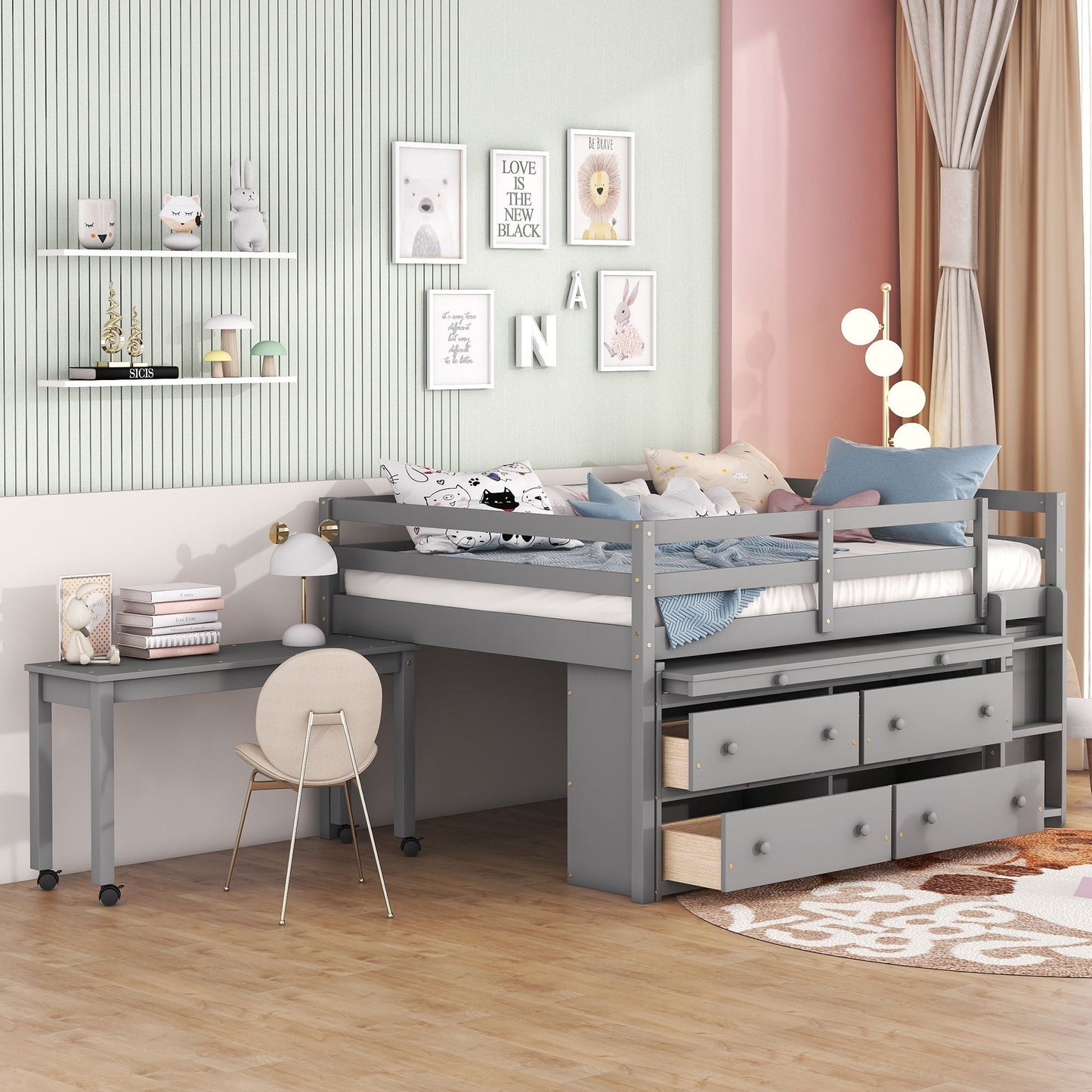 Loft Bed With Retractable Writing Desk And 4 Drawers, With Lateral Portable Desk And Shelves
