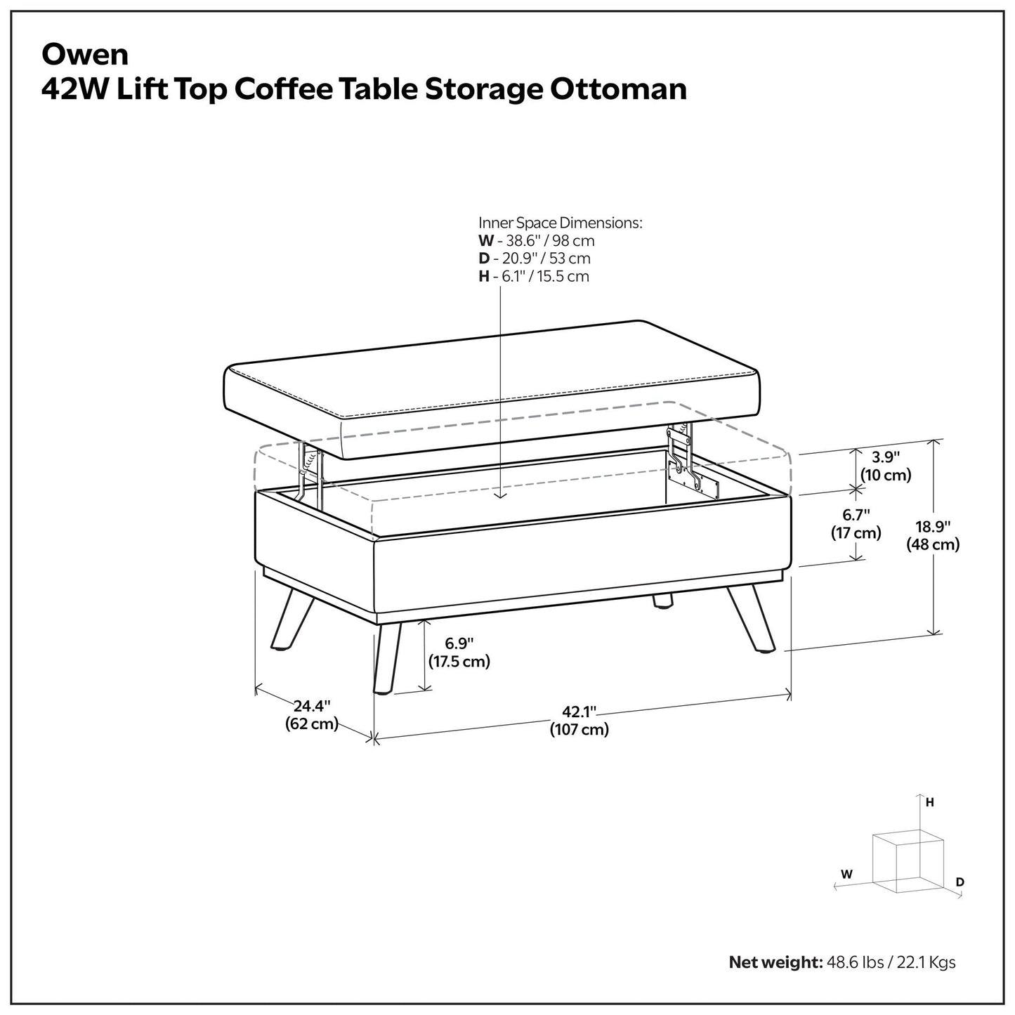 Owen - Lift Top Large Coffee Table Storage Ottoman, Mid Century Style