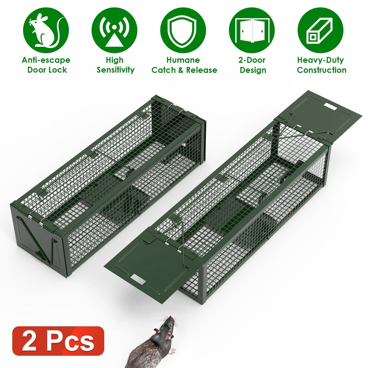 2-Pack Humane Live Rat Trap Cage with Dual Doors