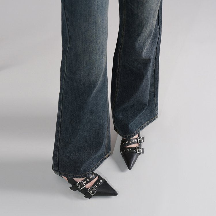 Women Pointed Toe High Heel Mules, Belt Buckle Closed Toe Slide Sandals, Vintage Backless Pumps For Outdoor Wear