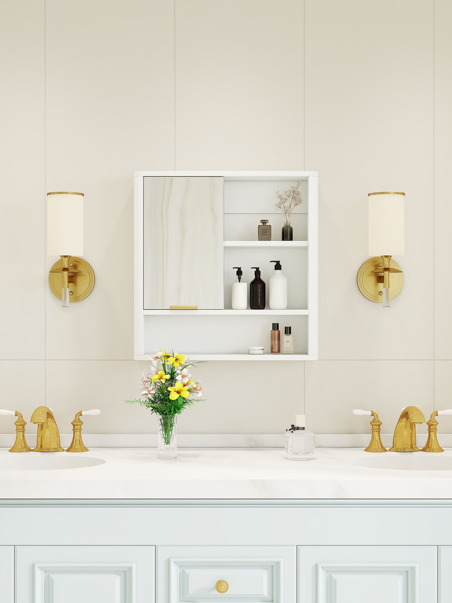 Modern Bathroom Mirror Cabinet with Open Shelves