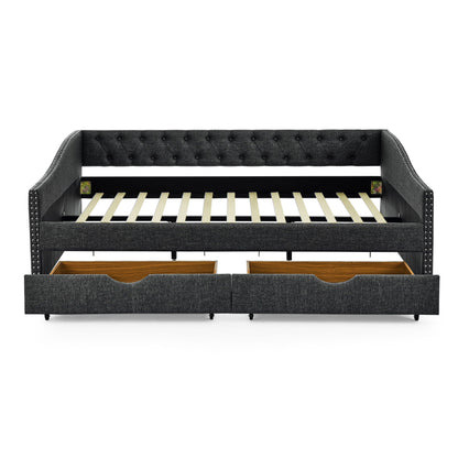 Upholstered Tufted Daybed With 2 Drawers, Waved Arms