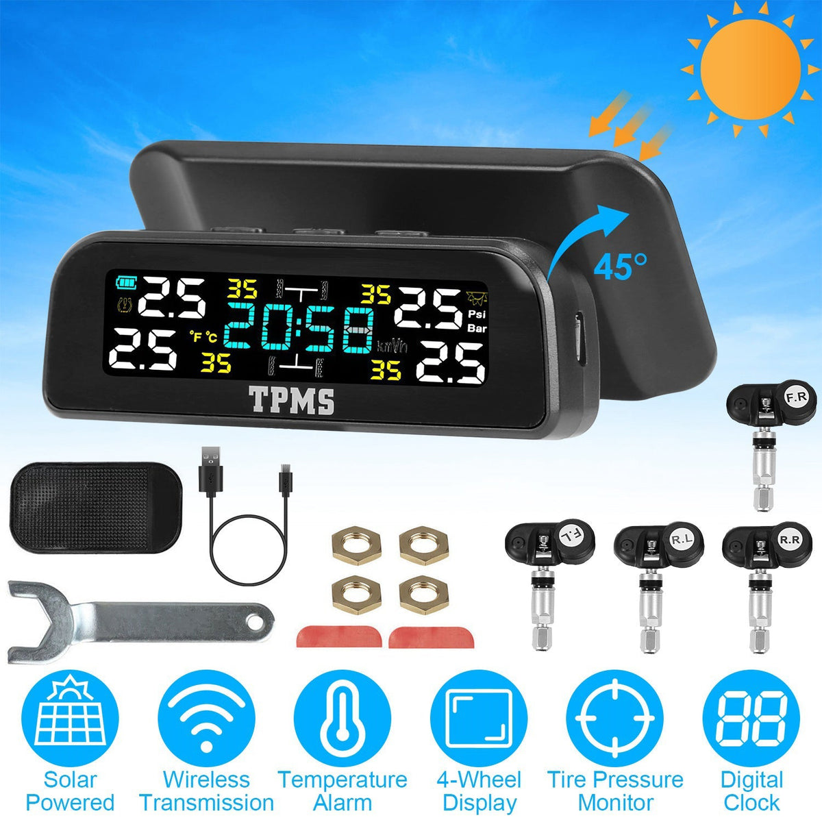 Wireless Solar Car Tire Pressure Monitoring System Auto Tire Pressure Monitor with Built-in Sensors Temperature Alarm for Car SUV Sedan RV