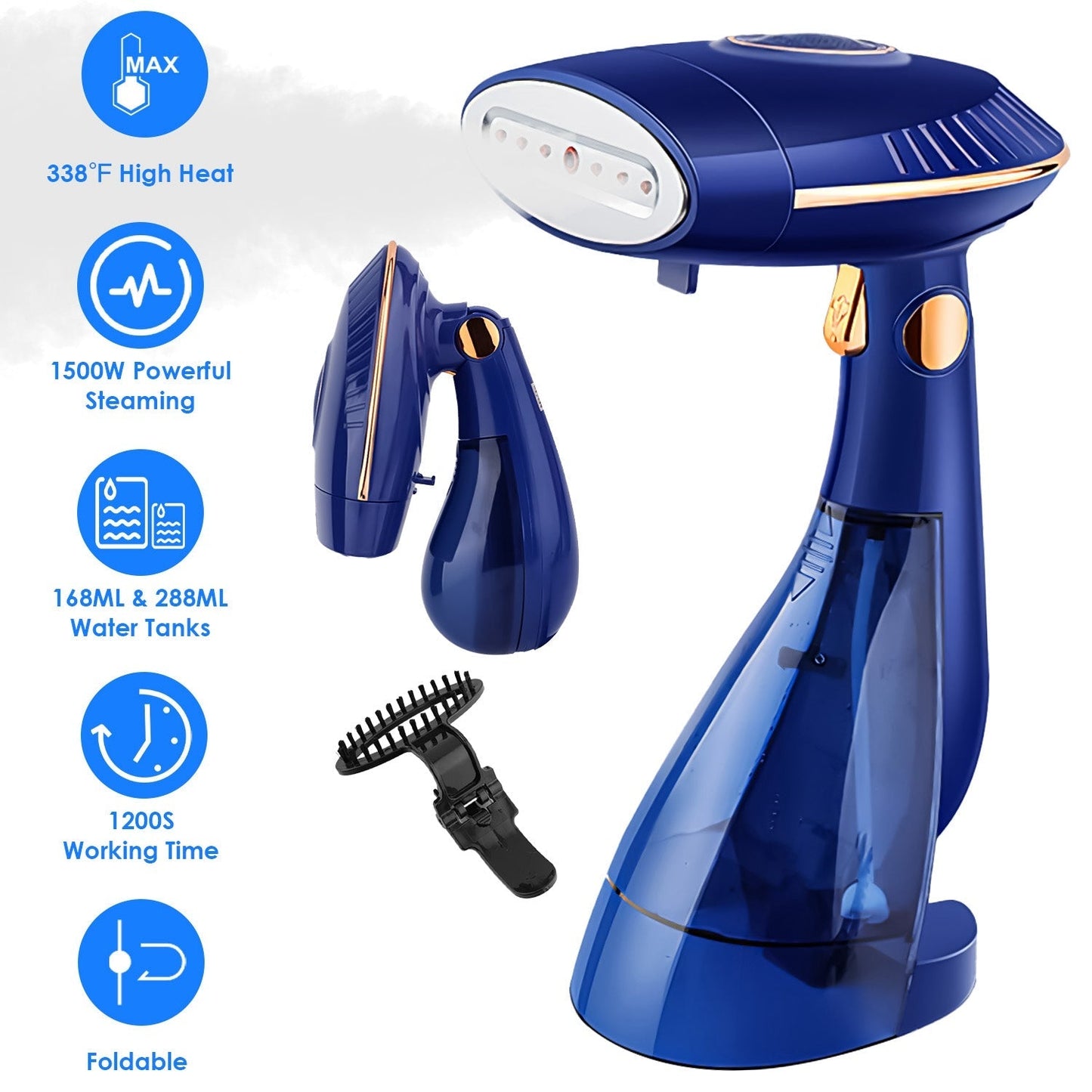 1500W 2 In 1 Foldable Garment Steamer Handheld Fabric Wrinkle Remover with 168ML & 288ML Water Tanks For Flat Hanging Ironing
