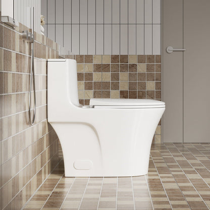 Elegant One Piece Toilet With Tornado Dual Flush, Siphonic S Trap 12", Soft Close Seat, Dual Flush, Ada Height, Glossy - Gloss White