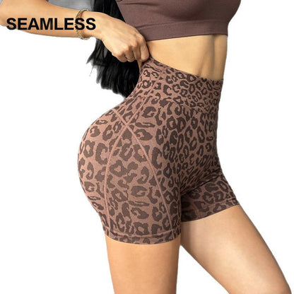 Cross-border Leopard Print Yoga Shorts For Women, High-waisted, Butt-lifting, Three-quarter Length, Tummy Control, Peach Butt Print, Suitable For Outdoor Wear