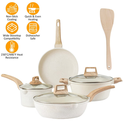 Kitchen Cookware Set Pots and Pans Set White Nonstick Granite Coating Dishwasher Safe Fast Even Heat Induction Frying Pan Stockpot Sauce Pan