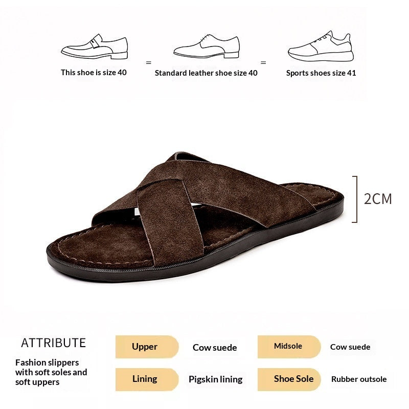 Mens Suede Slippers Summer Outdoor Cross-Strap Sandals