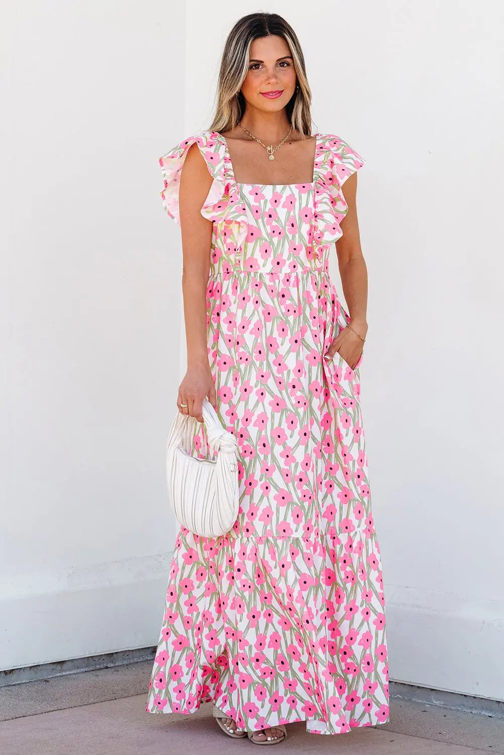 Maxi Dress - Floral Ruffled Straps - Vacation & Wedding