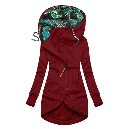 Solid Colour Printed Hooded Long Sleeve Jacket