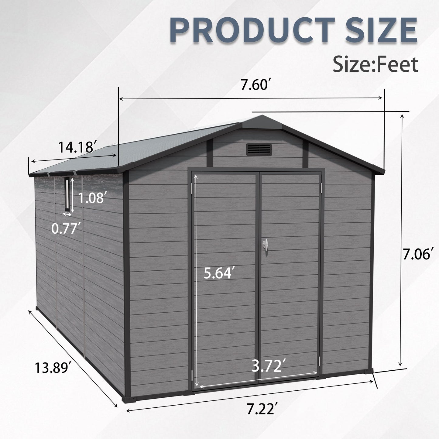 8x14 FT Plastic Outdoor Storage Shed - Lockable Resin Tool Shed with 2 Window & 3 Air vents